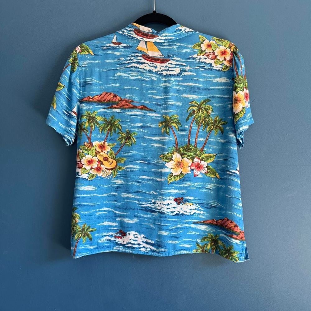 Vintage Hawaiian Shirt Women's Size Medium Gloria Vanderbilt Blue Palm Tree - Picture 2 of 8